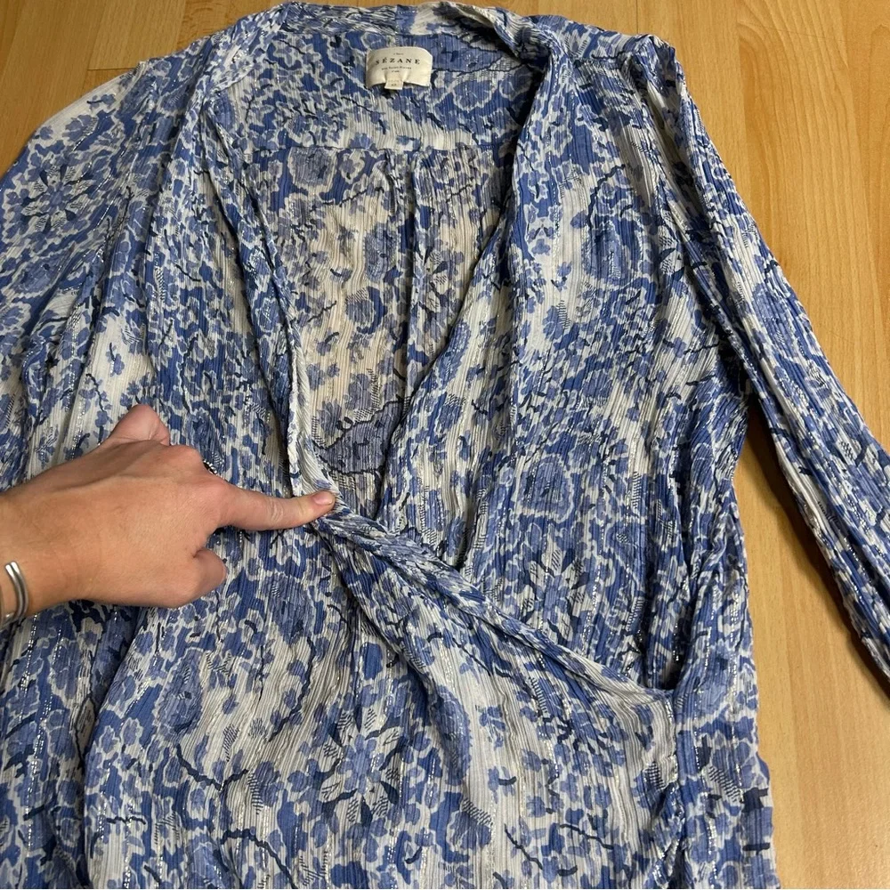 Sezane Amelia Blue and White Floral V Neck Faux Wrap Blouse - Picture 7 of 13